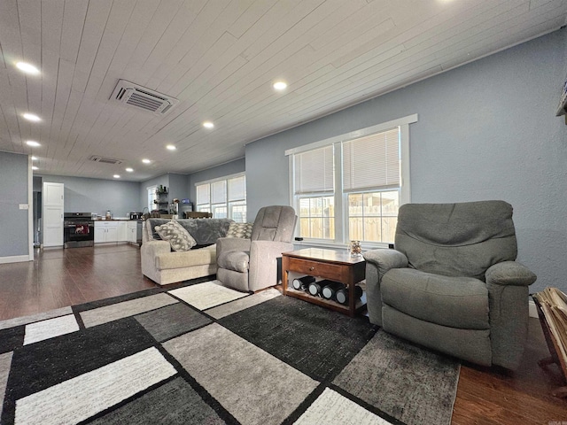 living room with wooden ceiling, recessed lighting, visible vents, and dark wood-style flooring