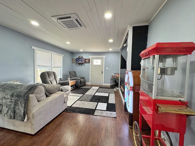 living room with wood finished floors, visible vents, baseboards, recessed lighting, and wood ceiling