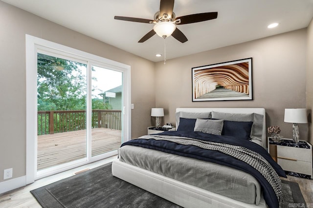bedroom with ceiling fan, wood finished floors, recessed lighting, baseboards, and access to exterior