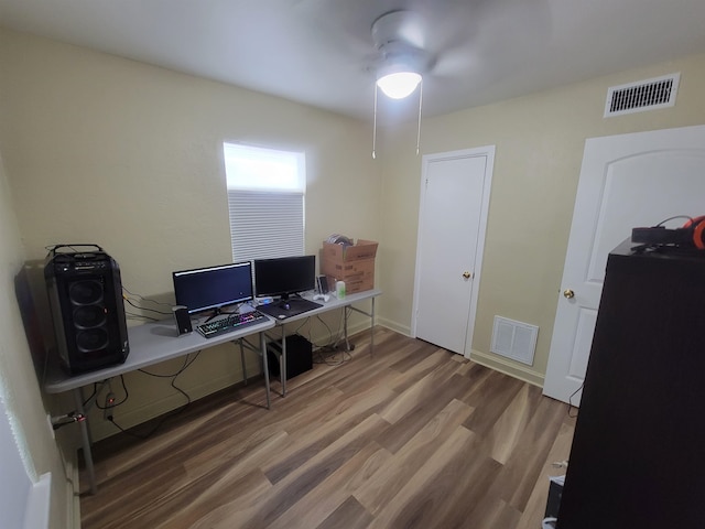 office featuring wood finished floors, visible vents, and baseboards