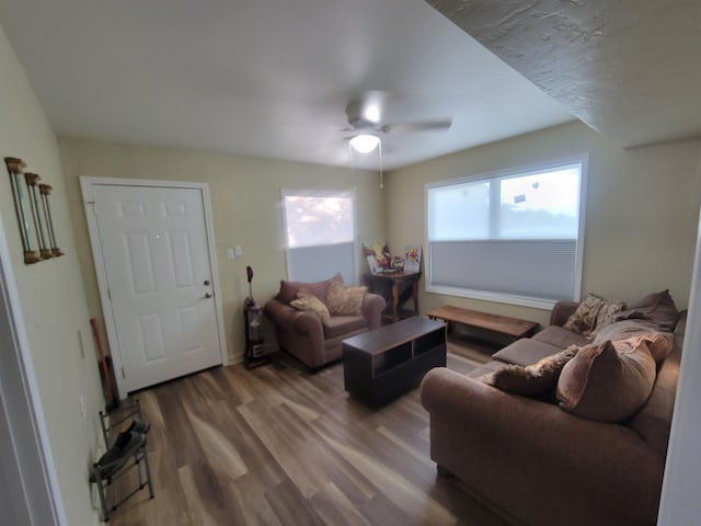 living area featuring ceiling fan and wood finished floors