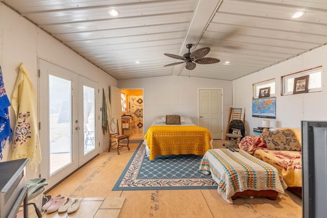 bedroom with french doors, wood ceiling, access to exterior, and vaulted ceiling with beams