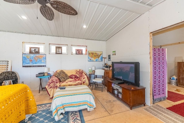 living room featuring recessed lighting, concrete flooring, and lofted ceiling