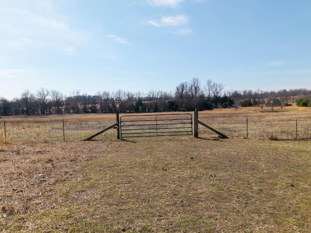 view of yard featuring fence, a rural view, and a gate