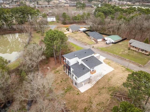 drone / aerial view featuring a water view