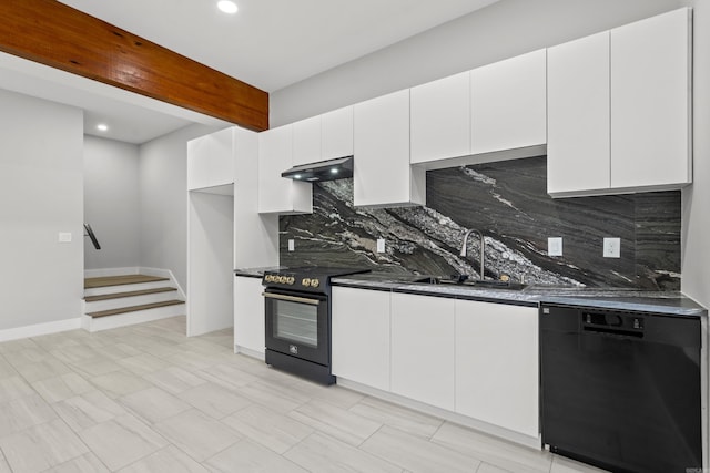 kitchen with beam ceiling, black appliances, a sink, under cabinet range hood, and white cabinetry