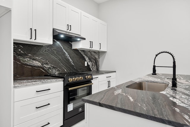 kitchen with tasteful backsplash, black range with electric cooktop, under cabinet range hood, dark stone countertops, and a sink