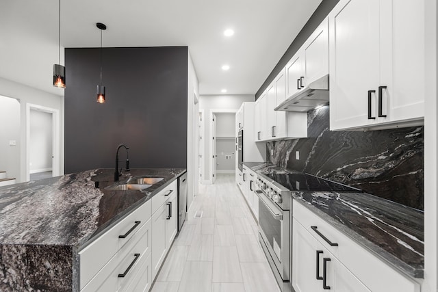 kitchen with under cabinet range hood, dark stone countertops, a sink, appliances with stainless steel finishes, and decorative backsplash