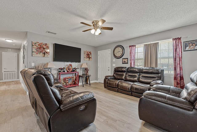 living room with light wood-type flooring, visible vents, a ceiling fan, a textured ceiling, and baseboards