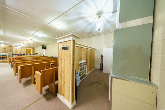 interior space featuring concrete block wall and carpet floors