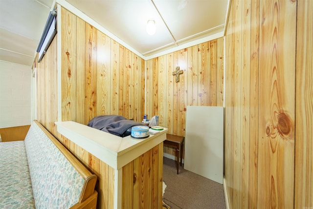 bedroom featuring wooden walls, carpet, and a sauna