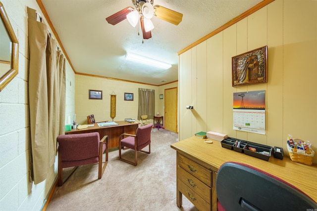 office space with light carpet, concrete block wall, crown molding, and a textured ceiling