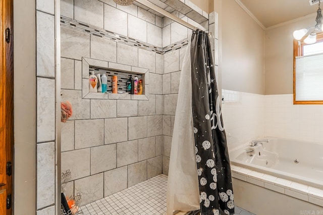 full bath with crown molding, a tub with jets, and a tile shower