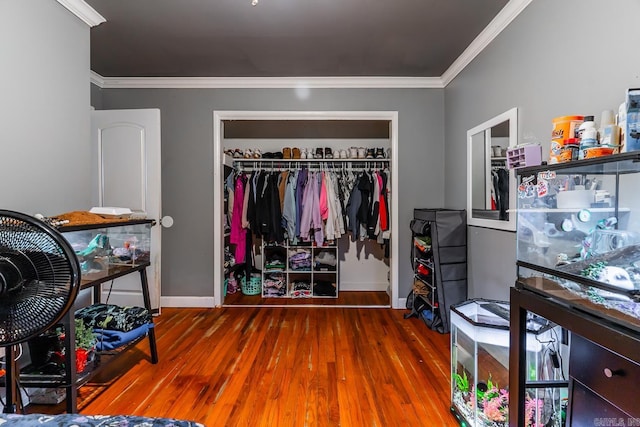 interior space featuring a closet, baseboards, wood finished floors, and crown molding