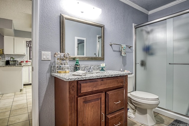 bathroom featuring ornamental molding, a shower stall, a textured ceiling, tile patterned floors, and a textured wall