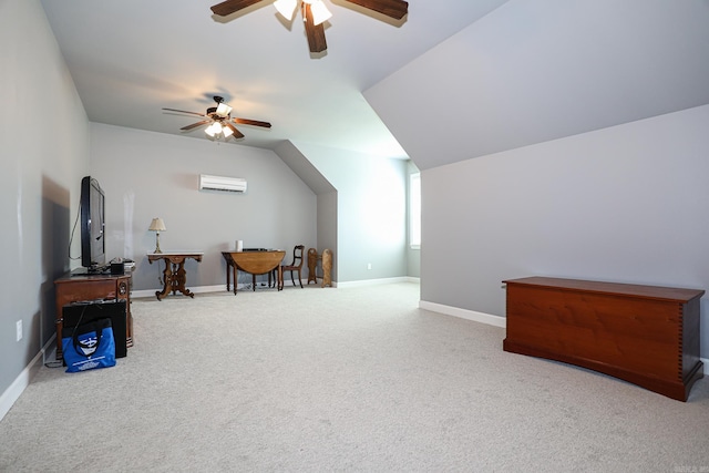 additional living space with baseboards, a ceiling fan, carpet flooring, and a wall mounted AC