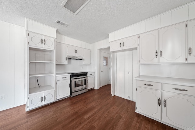 kitchen featuring visible vents, dark wood-type flooring, under cabinet range hood, stainless steel range with electric cooktop, and white cabinets