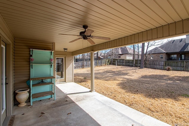 view of patio with ceiling fan and a fenced backyard