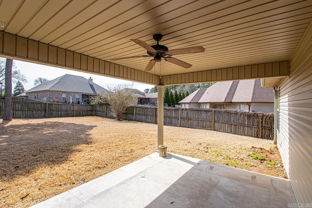 view of patio / terrace with a fenced backyard and ceiling fan