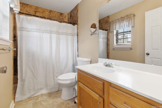 full bath with a shower with shower curtain, toilet, vanity, and a textured ceiling