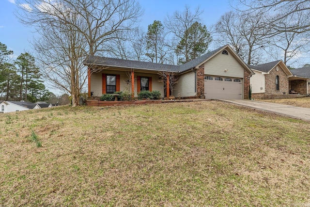 ranch-style home featuring an attached garage, covered porch, concrete driveway, a front lawn, and brick siding