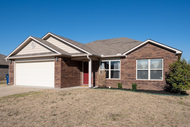 ranch-style house featuring brick siding, driveway, a front lawn, and a garage