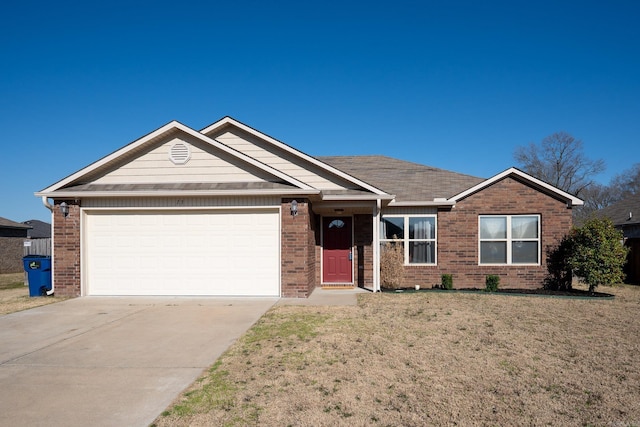 single story home with a garage, brick siding, concrete driveway, and a front yard