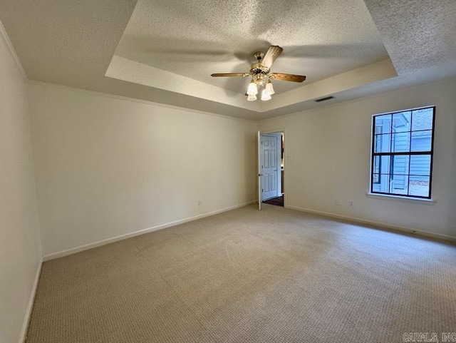 spare room with light colored carpet, a textured ceiling, a raised ceiling, and baseboards