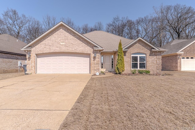 ranch-style home featuring brick siding, concrete driveway, a garage, and roof with shingles