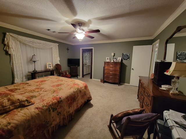 bedroom with light carpet, visible vents, and ornamental molding