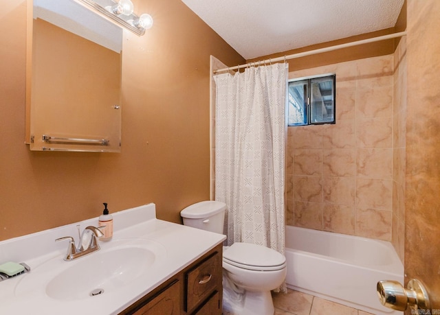 full bathroom featuring tile patterned flooring, toilet, vanity, a textured ceiling, and shower / bathtub combination with curtain