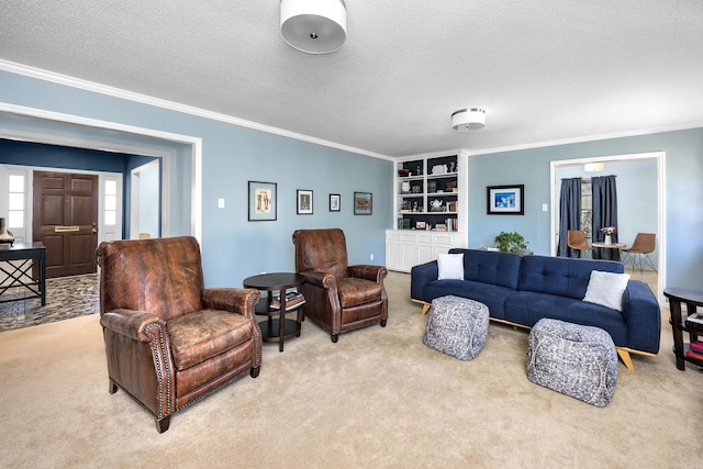 living area with crown molding, carpet floors, and a textured ceiling