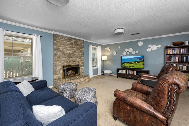 living room with carpet, visible vents, a fireplace, ornamental molding, and a textured ceiling