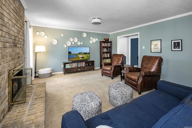 carpeted living area with a fireplace, a textured ceiling, baseboards, and ornamental molding