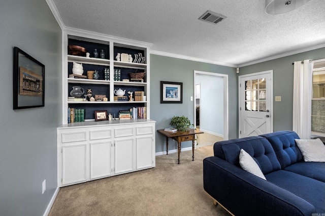 living area featuring visible vents, light colored carpet, ornamental molding, and a textured ceiling
