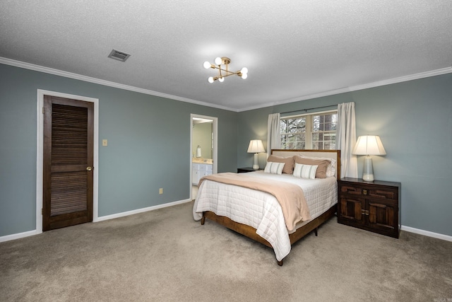 carpeted bedroom with a textured ceiling, crown molding, baseboards, and a chandelier