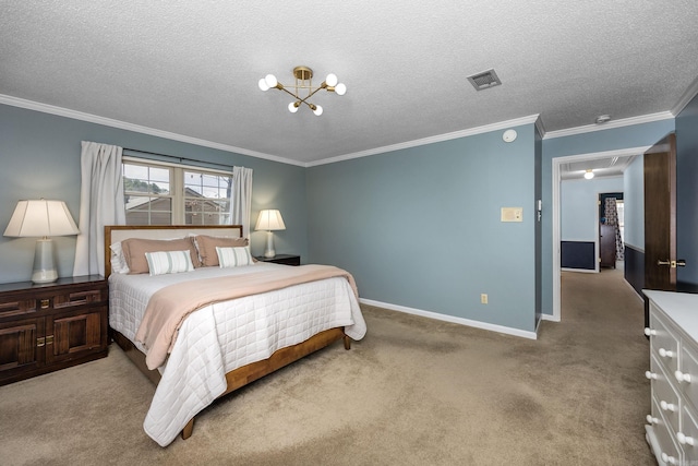 carpeted bedroom featuring baseboards, visible vents, a textured ceiling, crown molding, and a notable chandelier