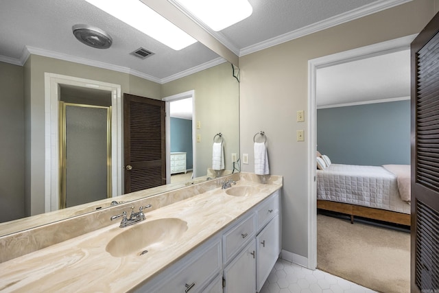 ensuite bathroom featuring visible vents, a stall shower, ensuite bath, and a sink