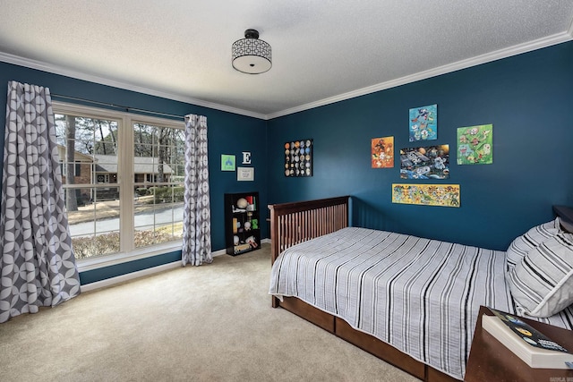bedroom featuring multiple windows, carpet, crown molding, and a textured ceiling