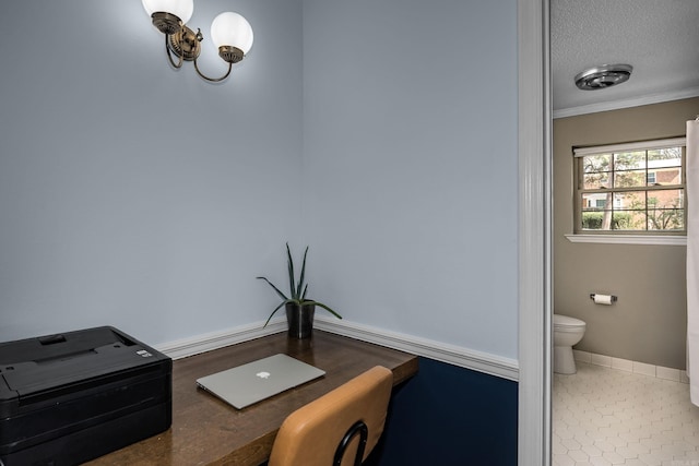 interior space featuring crown molding, baseboards, toilet, tile patterned floors, and a textured ceiling