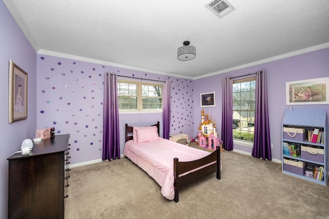 bedroom with ornamental molding, multiple windows, visible vents, and light carpet