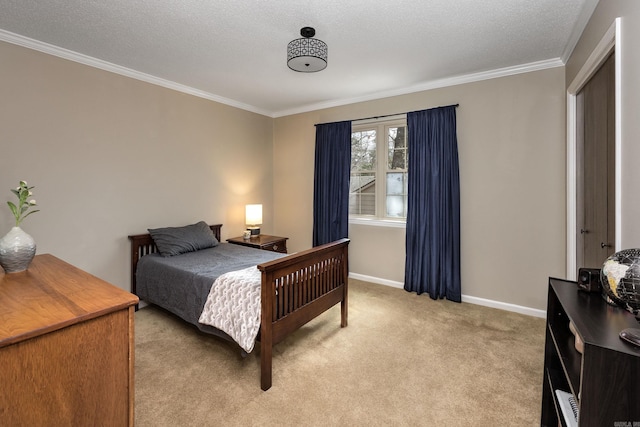 bedroom with baseboards, light carpet, a textured ceiling, and ornamental molding