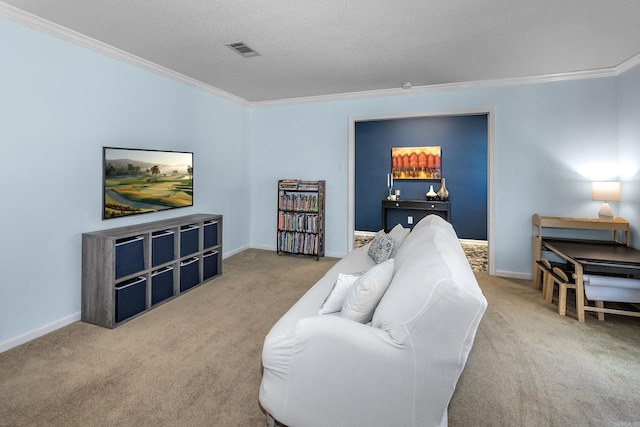 living room featuring visible vents, crown molding, and carpet