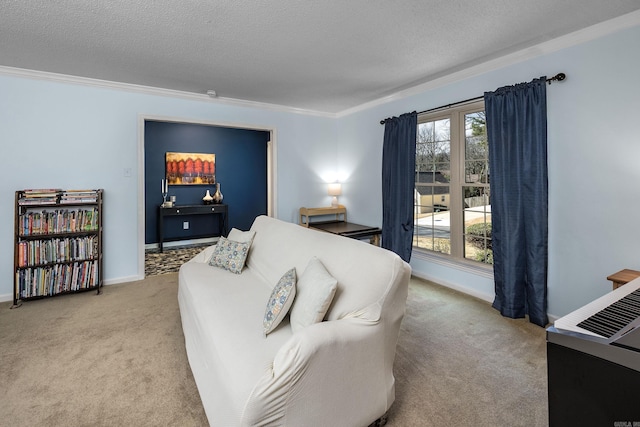 bedroom with carpet flooring, a textured ceiling, baseboards, and ornamental molding