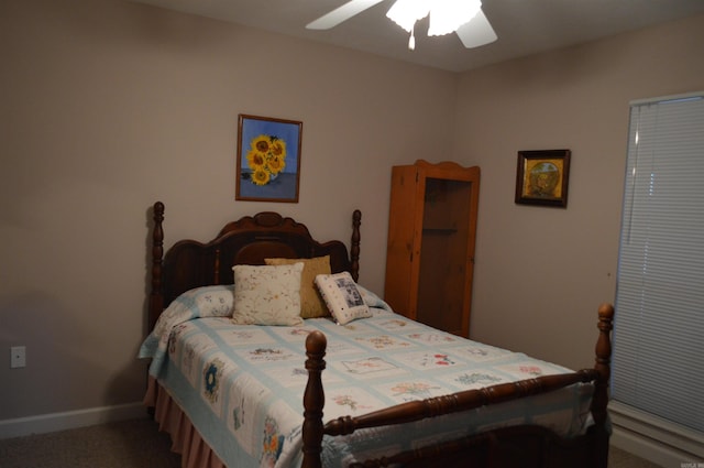 bedroom featuring baseboards, carpet floors, and ceiling fan