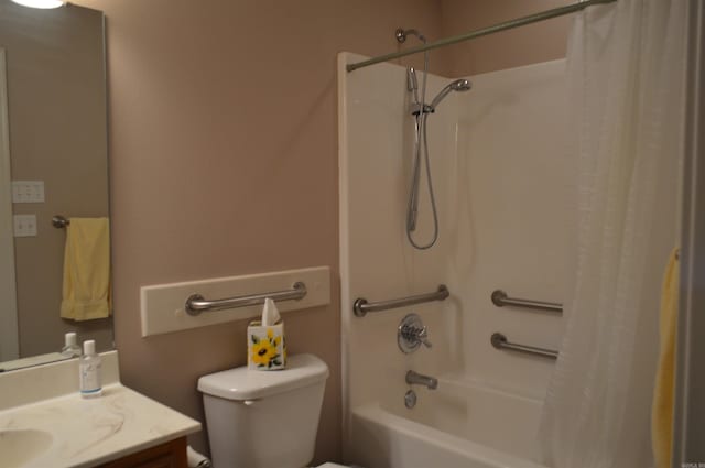 bathroom with shower / bathtub combination with curtain, toilet, and vanity