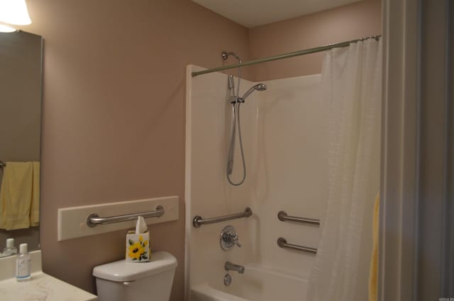 bathroom with toilet and shower / tub combo with curtain