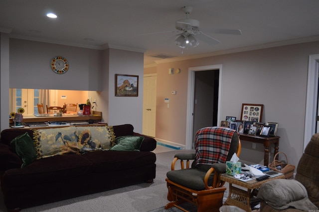 living area with recessed lighting, baseboards, carpet floors, and ornamental molding