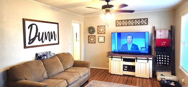 living room with ceiling fan, baseboards, wood finished floors, and crown molding