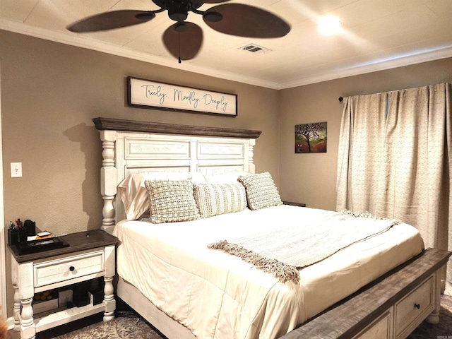 bedroom with visible vents, crown molding, and a ceiling fan